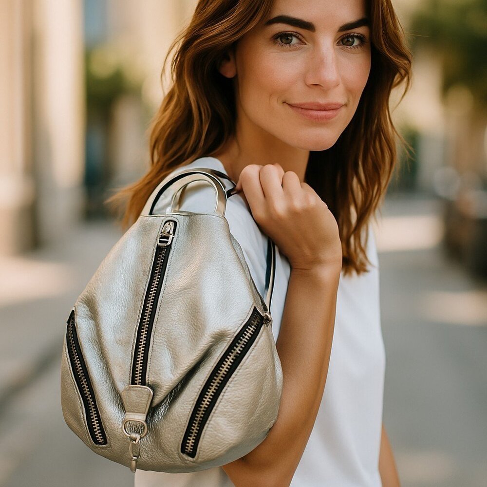 Rebecca Minkoff Julian Silver Leather Backpack Handbag 10" x 8" x 6"